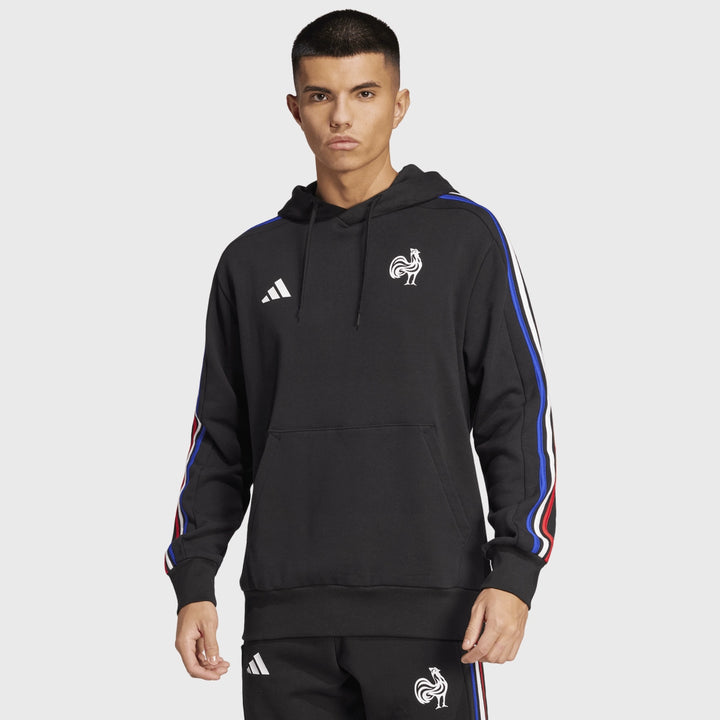 Adidas France Rugby 3 Stripe Hoody Black - Rugbystuff.com