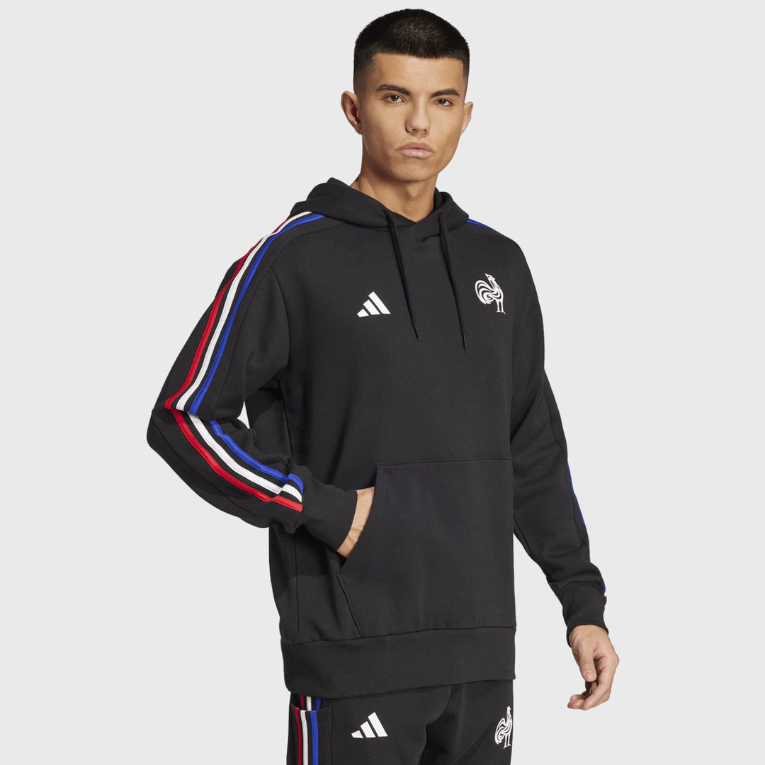 Adidas France Rugby 3 Stripe Hoody Black - Rugbystuff.com