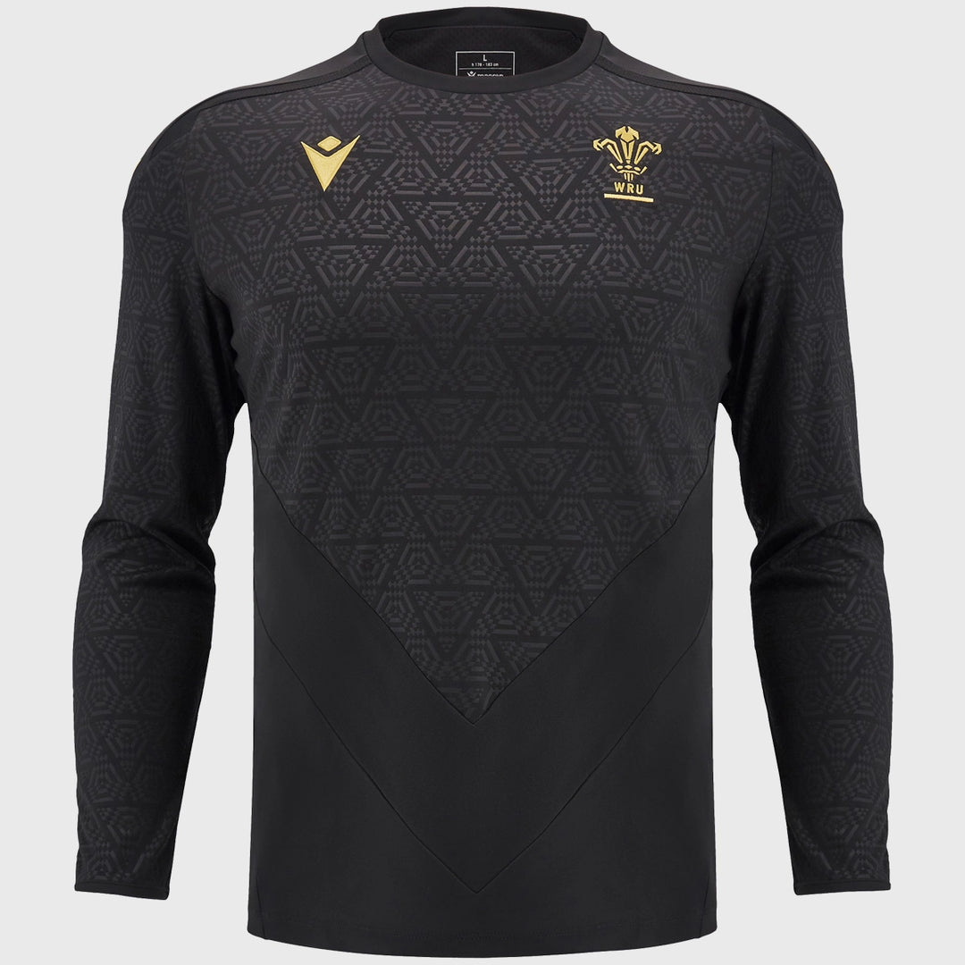 Macron Wales Rugby Long Sleeve Poly Tee Black - Rugbystuff.com