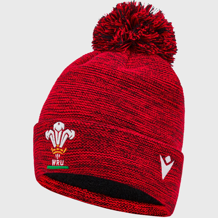 Macron Wales Rugby Melange Bobble Beanie Hat Red/Black - Rugbystuff.com