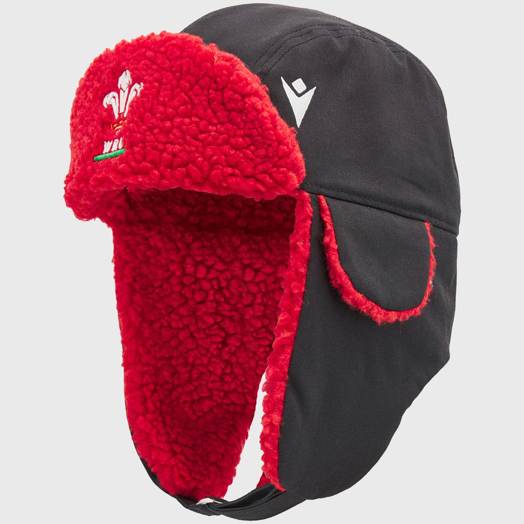 Macron Wales Rugby Trapper Fleece Hat Black - Rugbystuff.com