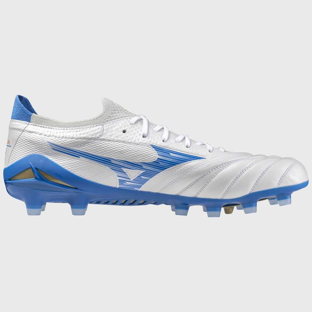 Mizuno Morelia Neo IV Beta Elite MD Rugby Boots White/Laser Blue - Rugbystuff.com