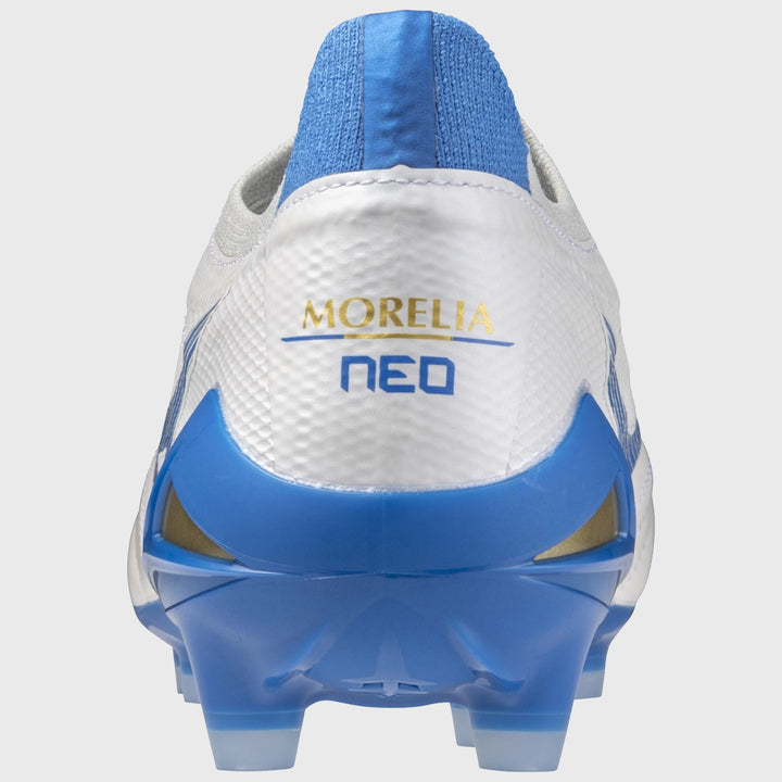 Mizuno Morelia Neo IV Beta Elite MD Rugby Boots White/Laser Blue - Rugbystuff.com