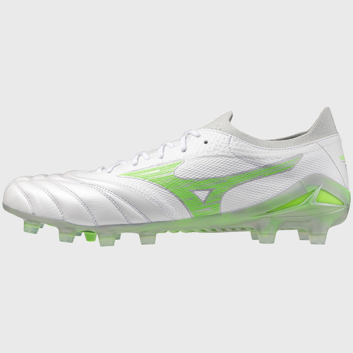 Mizuno Morelia Neo IV Beta Elite MD Rugby Boots White/Neon Green - Rugbystuff.com