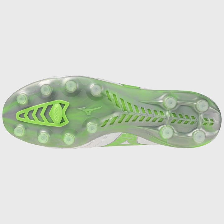 Mizuno Morelia Neo IV Beta Elite MD Rugby Boots White/Neon Green - Rugbystuff.com