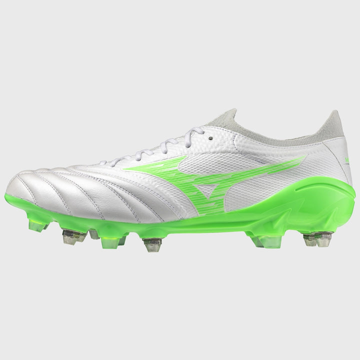 Mizuno Morelia Neo IV Beta Elite Mix Rugby Boots White/Neon Green - Rugbystuff.com