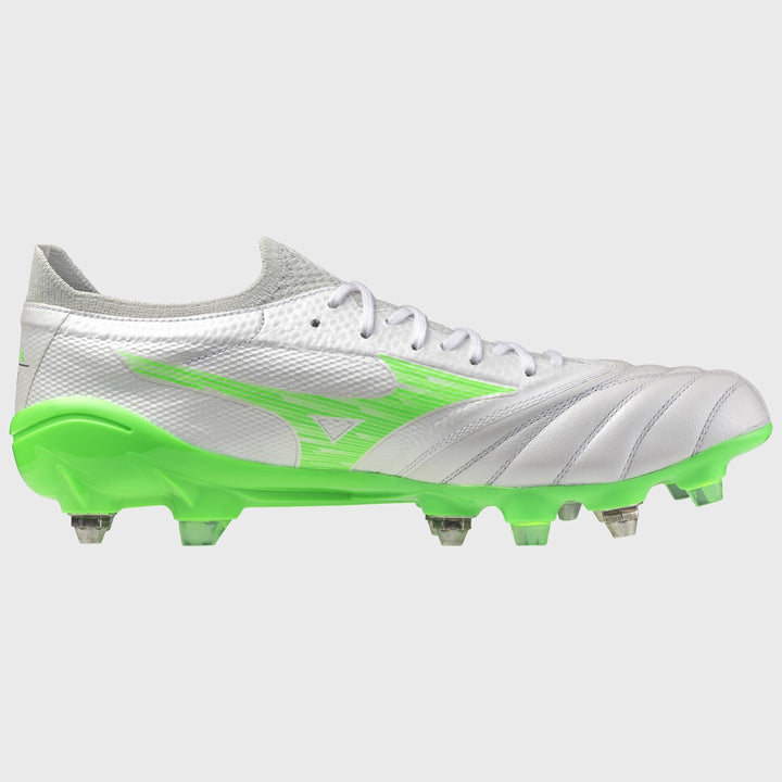 Mizuno Morelia Neo IV Beta Elite Mix Rugby Boots White/Neon Green - Rugbystuff.com