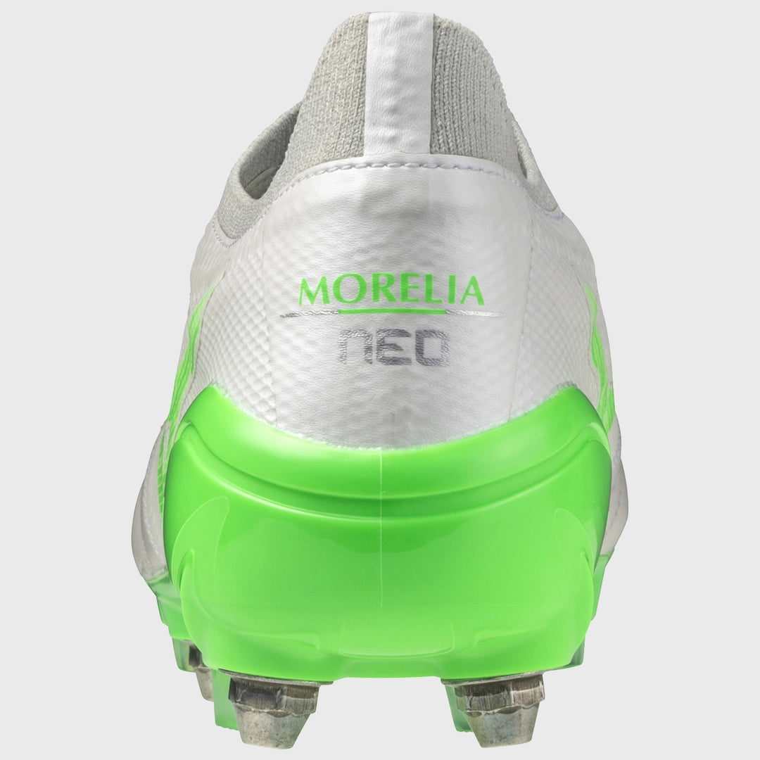 Mizuno Morelia Neo IV Beta Elite Mix Rugby Boots White/Neon Green - Rugbystuff.com