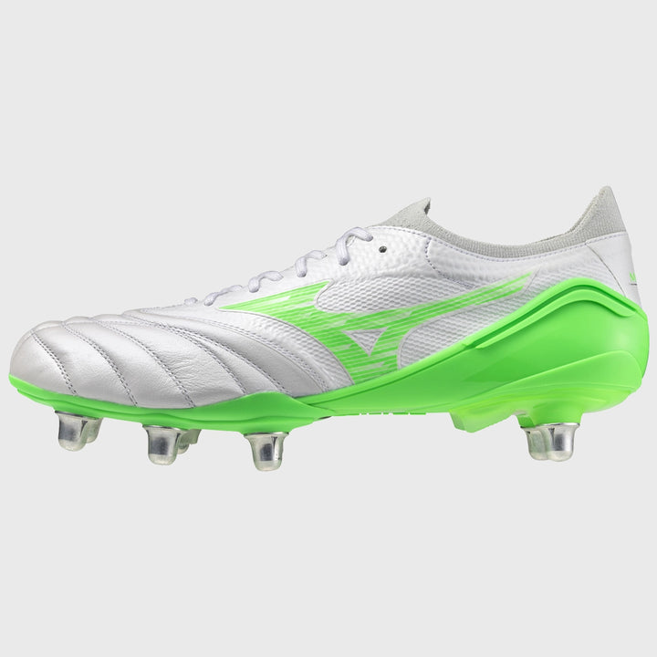 Mizuno Morelia Neo IV Beta Elite SI Rugby Boots White/Neon Green - Rugbystuff.com