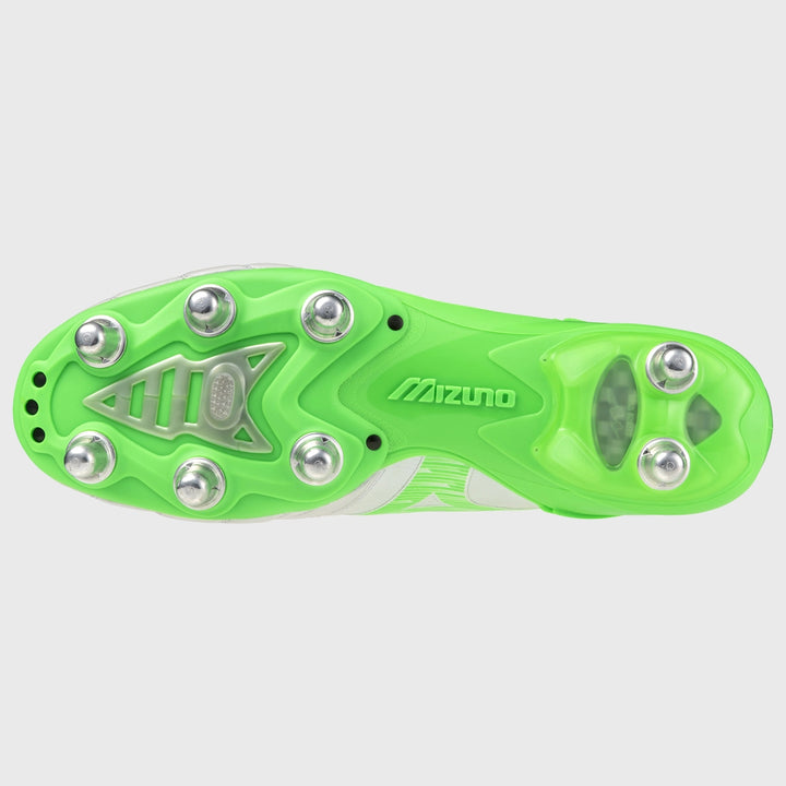 Mizuno Morelia Neo IV Beta Elite SI Rugby Boots White/Neon Green - Rugbystuff.com