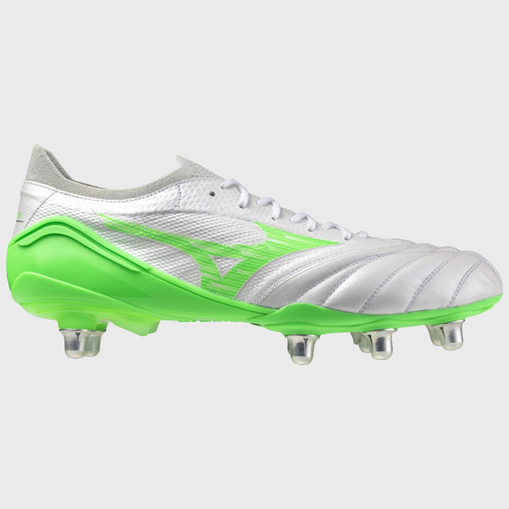 Mizuno Morelia Neo IV Beta Elite SI Rugby Boots White/Neon Green - Rugbystuff.com