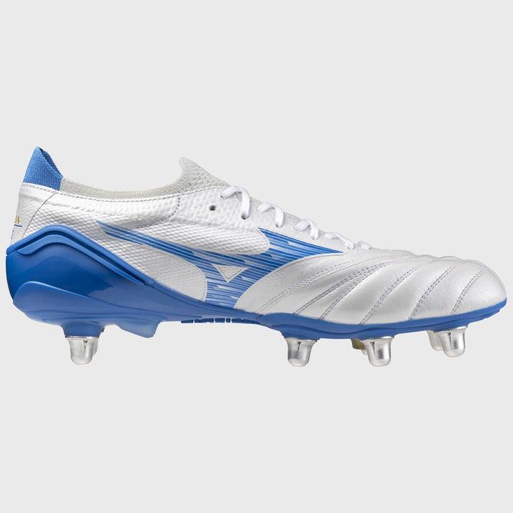 Mizuno Morelia Neo IV Beta Elite SI Rugby Boots White/Laser Blue - Rugbystuff.com