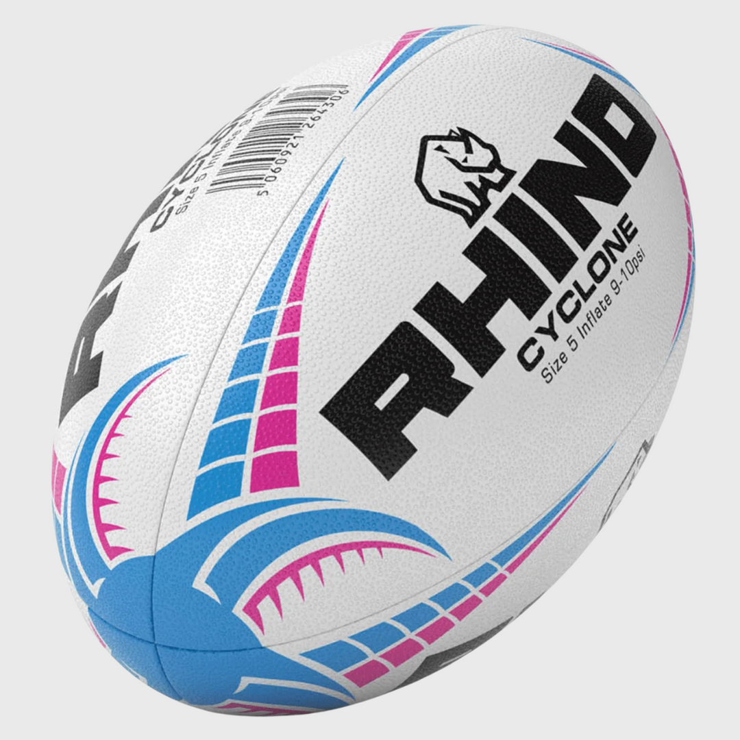 Rhino Cyclone Training Rugby Ball White/Blue/Pink - Rugbystuff.com