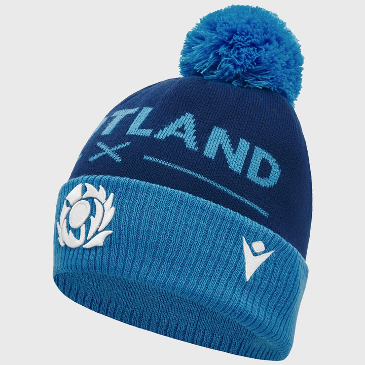 Macron Scotland Rugby Text Bobble Beanie Hat Navy/Sky - Rugbystuff.com