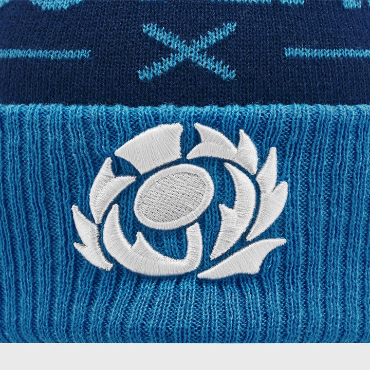 Macron Scotland Rugby Text Bobble Beanie Hat Navy/Sky - Rugbystuff.com