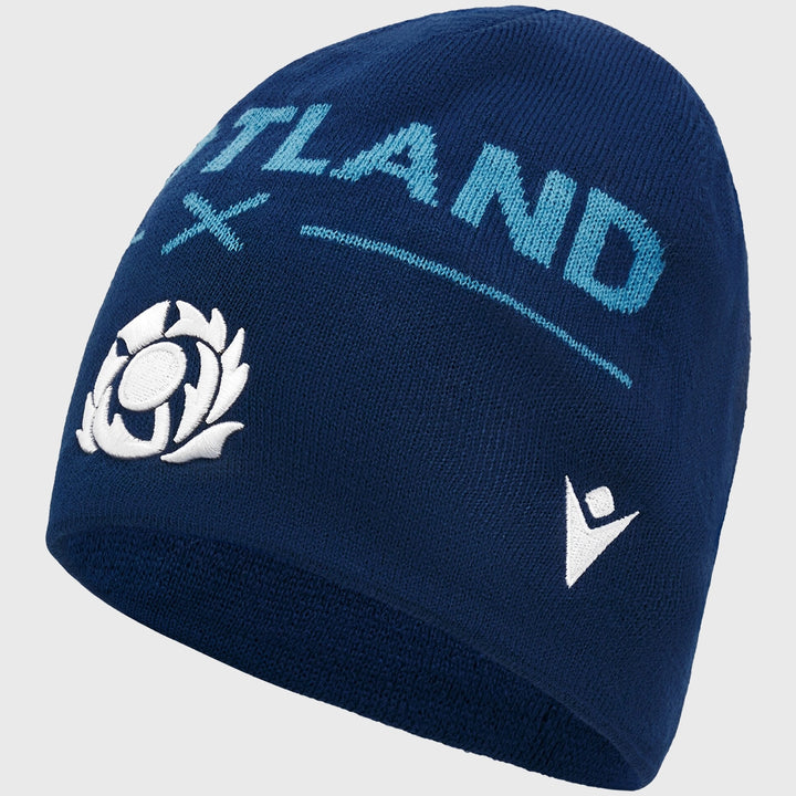 Macron Scotland Rugby Text Beanie Hat Navy/Sky - Rugbystuff.com