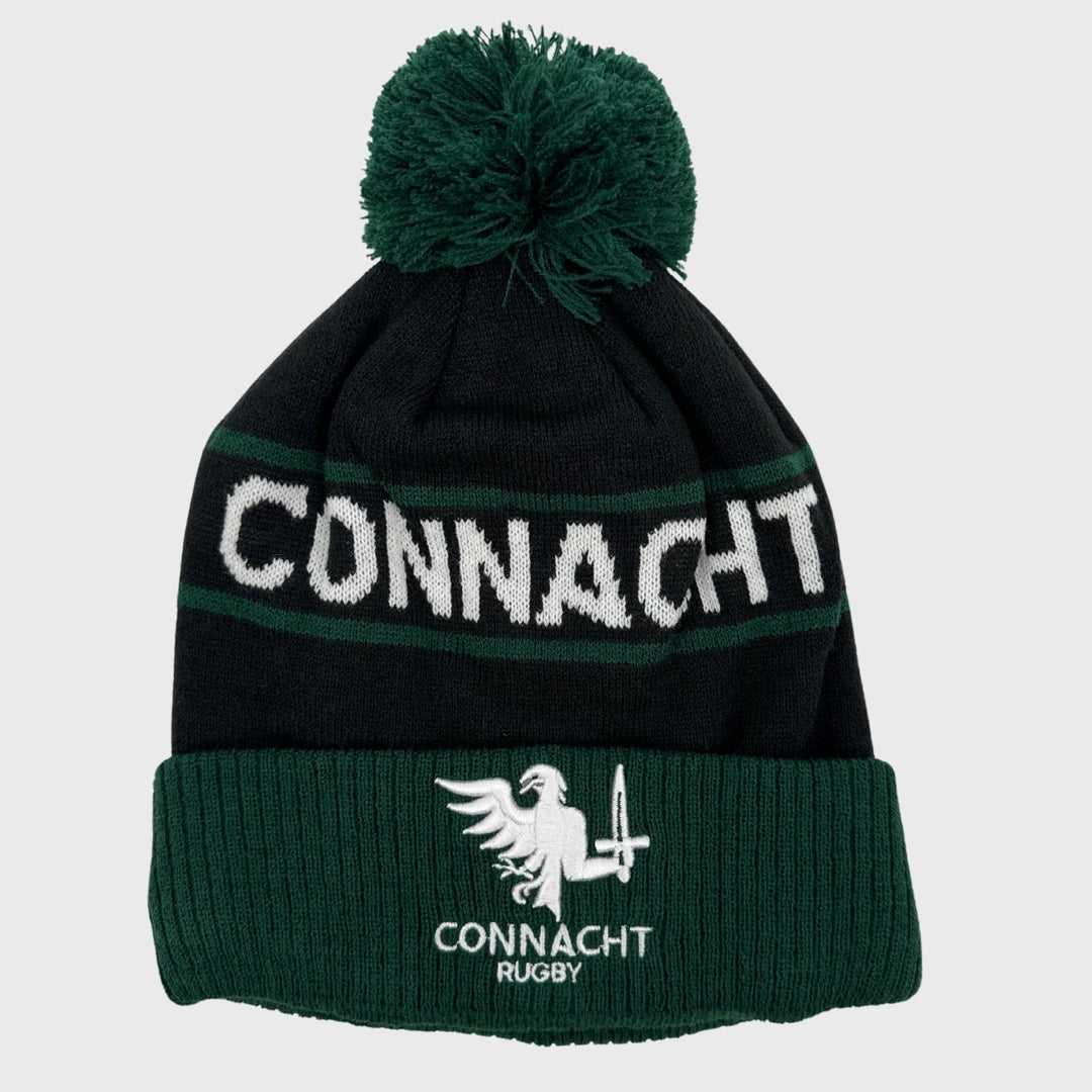 Macron Connacht Rugby Text Bobble Beanie Hat Black/Green - Rugbystuff.com